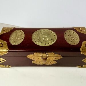 Antique Chinese Rosewood Jewelry Box /Prehnite stone carvings & Gold Accents